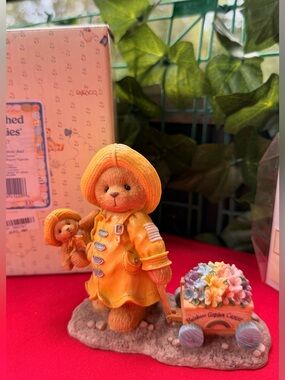 Cherished Teddies Yellow Raincoat Bear with Flower Cart